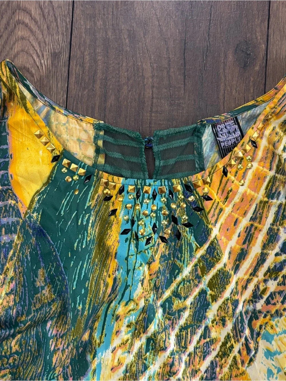 Free People Vibrant Abstract Print Mini Dress, Embellished Neck, Pockets, Size 4